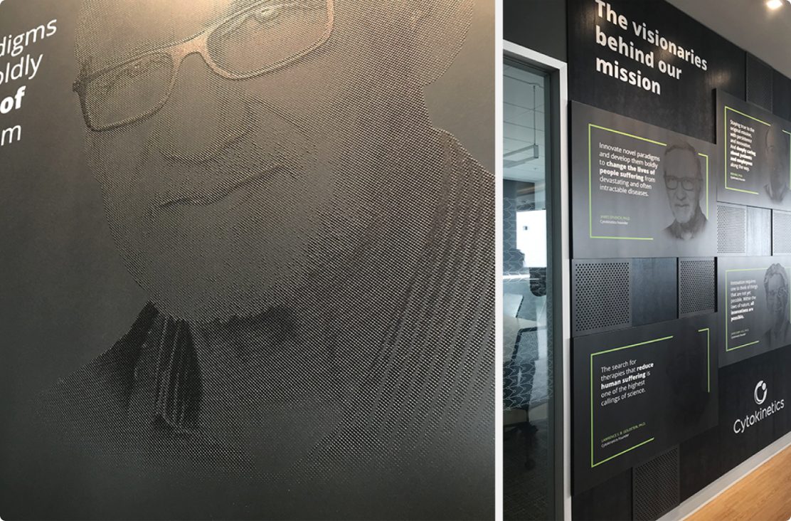 Scientific poster wallpaper across a corridor