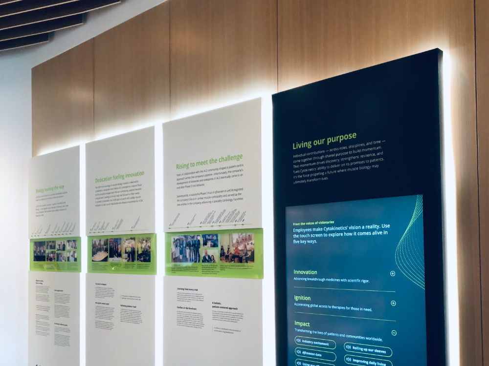 The Cytokinetics story wall: our origins, our resolve, our calling, beside the Living our purpose touchscreen