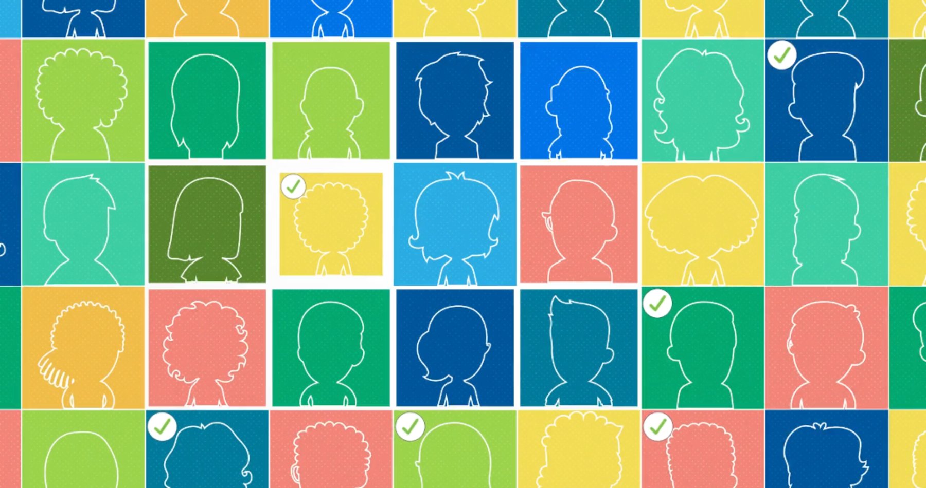 Title frame from the Moderna patient film: a grid of patient silhouettes in the brand palette, some marked with a check