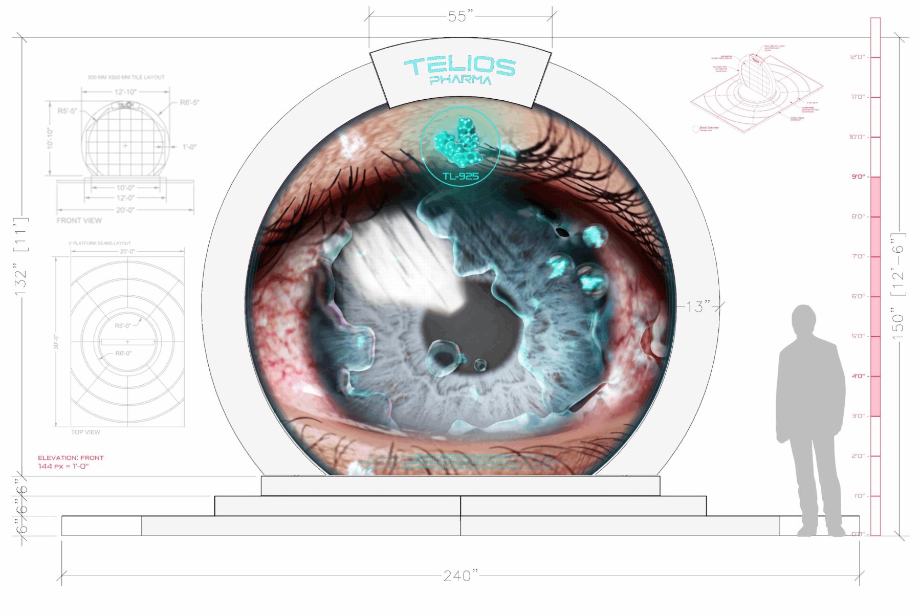 Front elevation drawing of the Eyegate portal, 240 inches wide by 150 inches tall