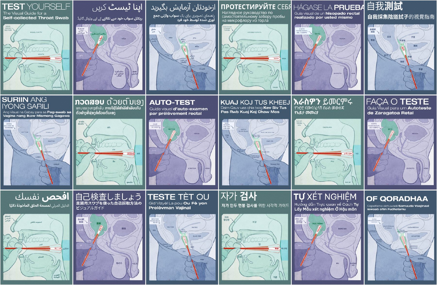 Grid of self-test guides translated into 22 languages