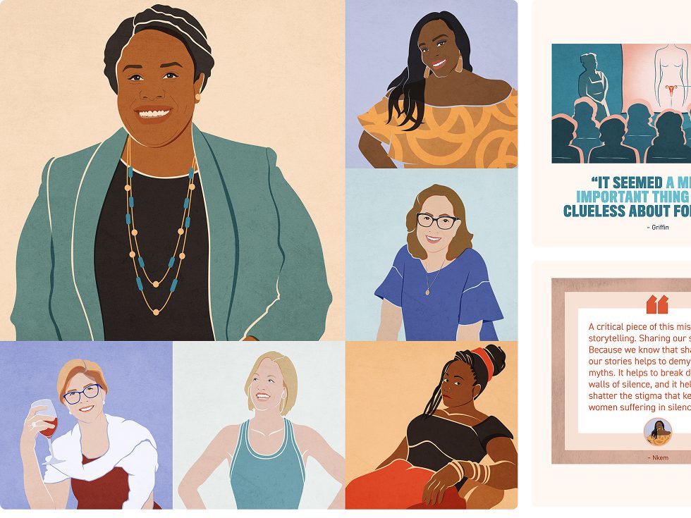 Illustrated portraits of the six Voices of Periods storytellers